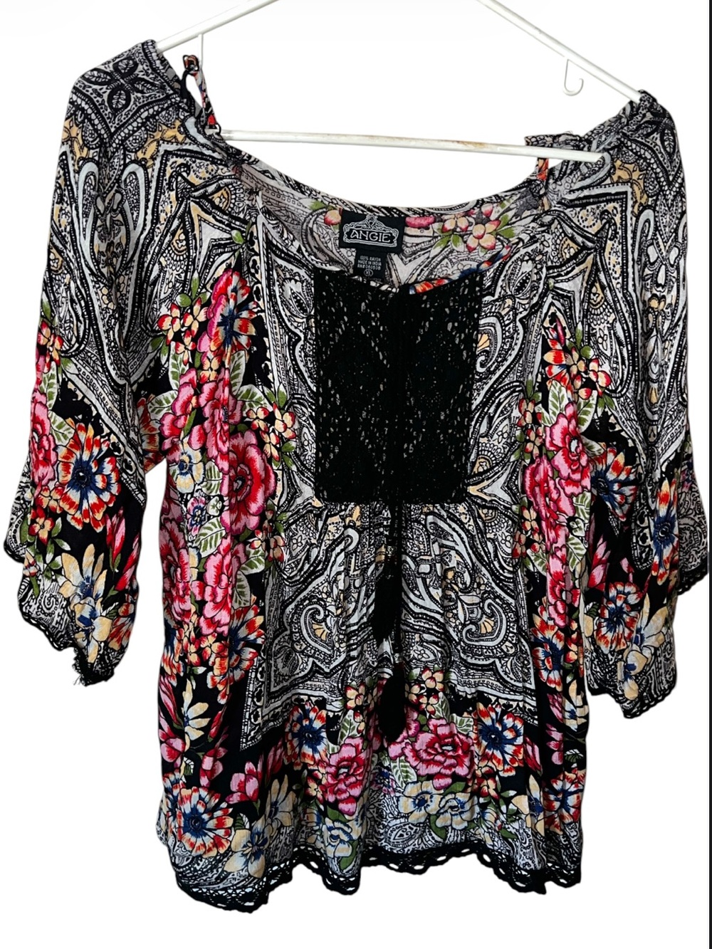 Angie Black Floral Paisley Peasant Top size XL